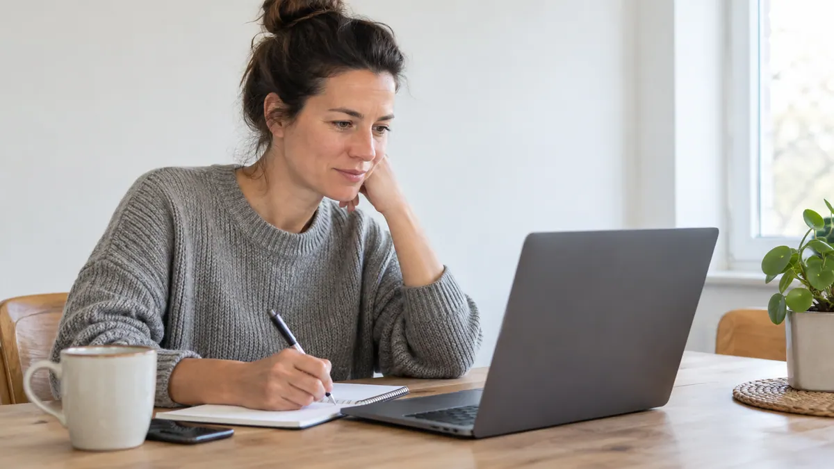 Eine Mitarbeiterin macht sich während einer Online-Schulung Notizen.