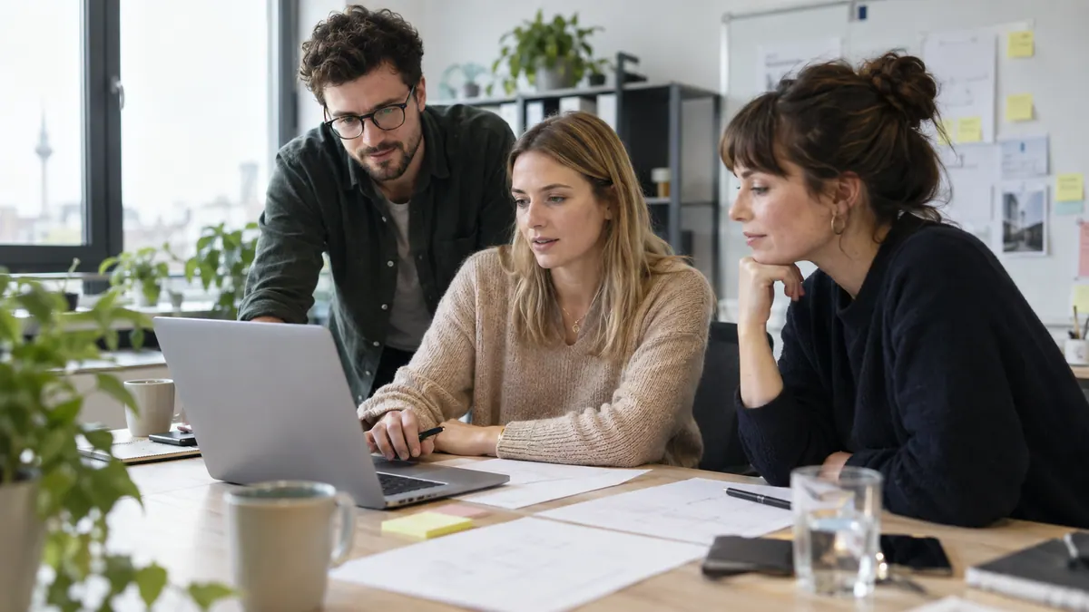 Drei Teammitglieder vergleichen gemeinsam Arbeitsabläufe am Laptop.