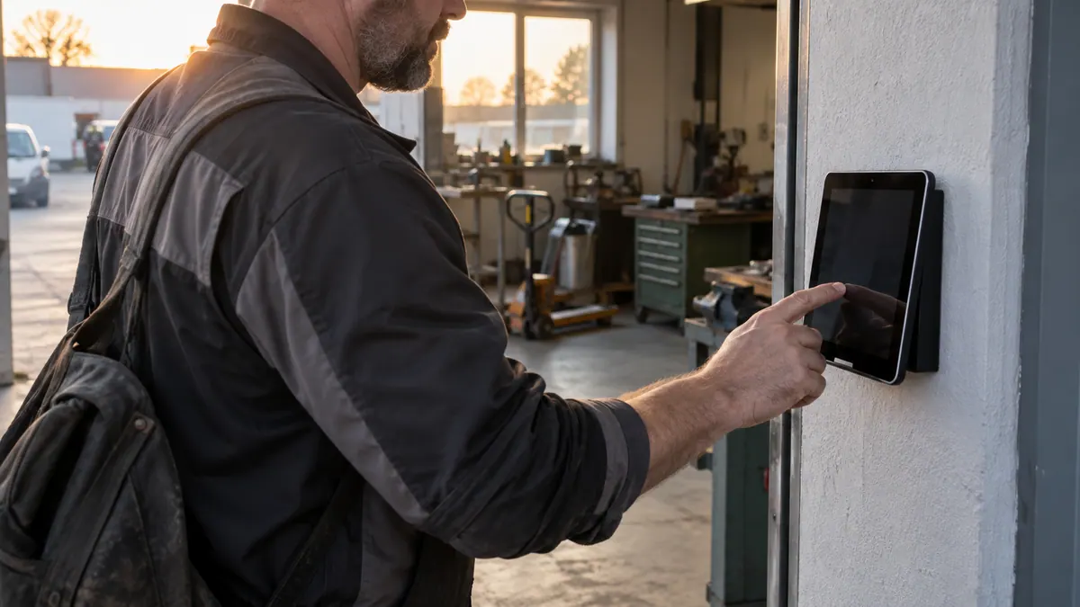 Ein Beschäftigter erfasst am Ende seiner Schicht die Arbeitszeit auf einem Tablet.