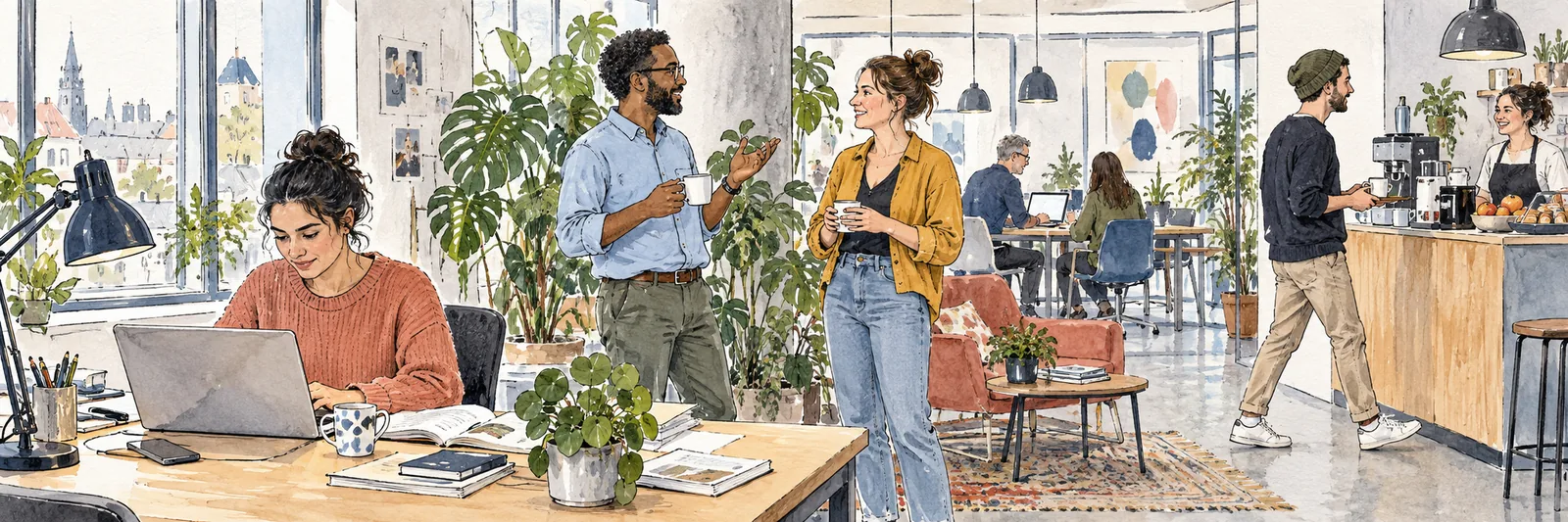 Illustration eines vielfältigen Teams im gemeinsamen Arbeitsalltag